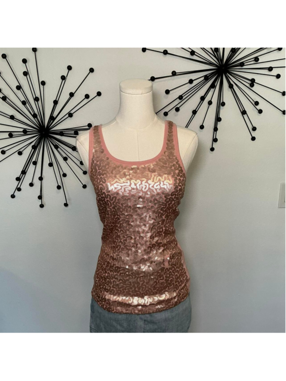 Old Navy Pink Sequin Tank Top Size XS Y2K Glam Fitted Sleeveless Top